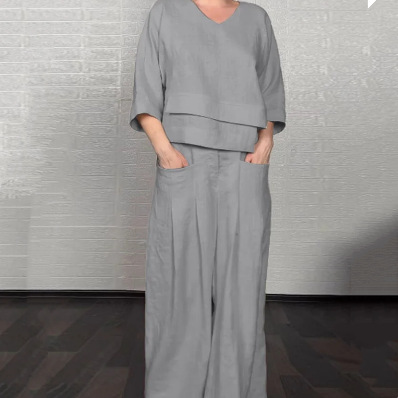 Szabálytalan szegélyű pamutvászon rövid ujjú kétrészes szett