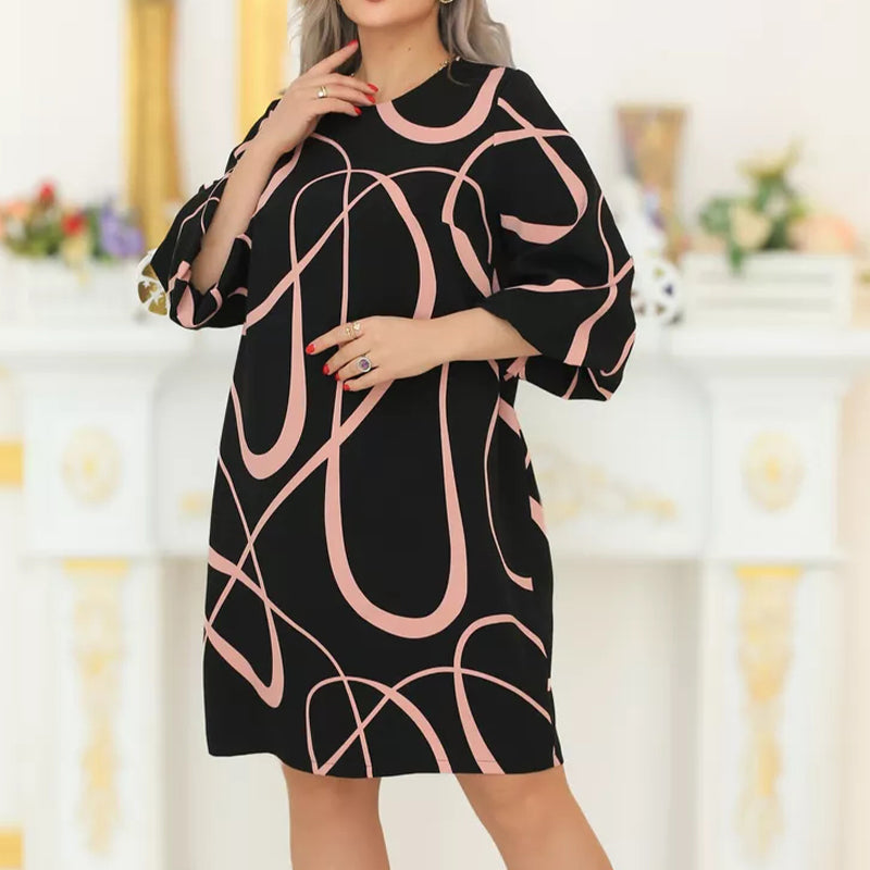 🌸 Mintás ruha kerek nyakkal és hétnegyedes ujjakkal