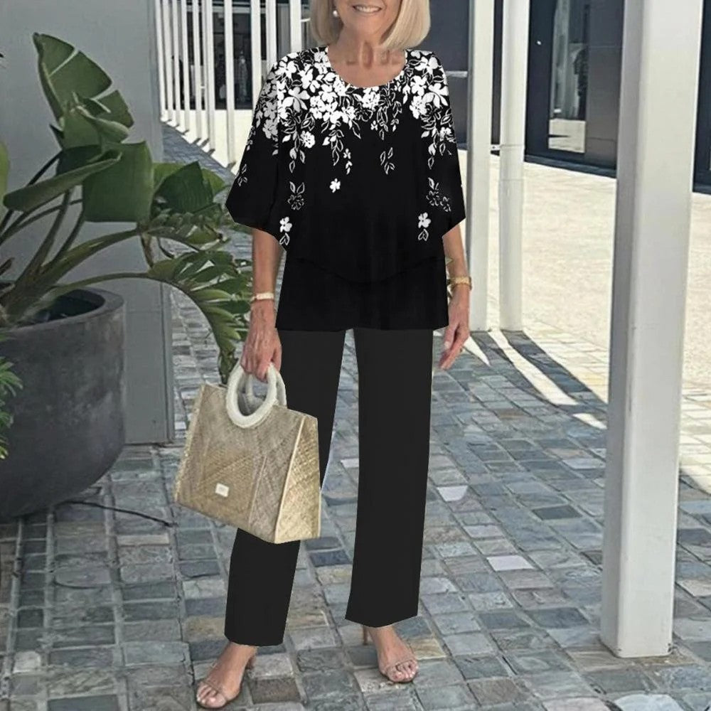 🌸Női lezser kerek nyakú, rövid ujjú, mintás nadrág szett