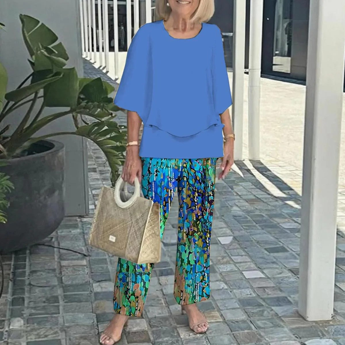 🌸Női lezser kerek nyakú, rövid ujjú, mintás nadrág szett