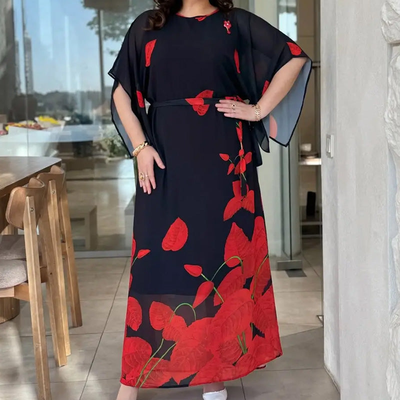 👗 Lengzős, kerek nyakú, öves ruha 🌸 | Virágminta | Állítható sziluett