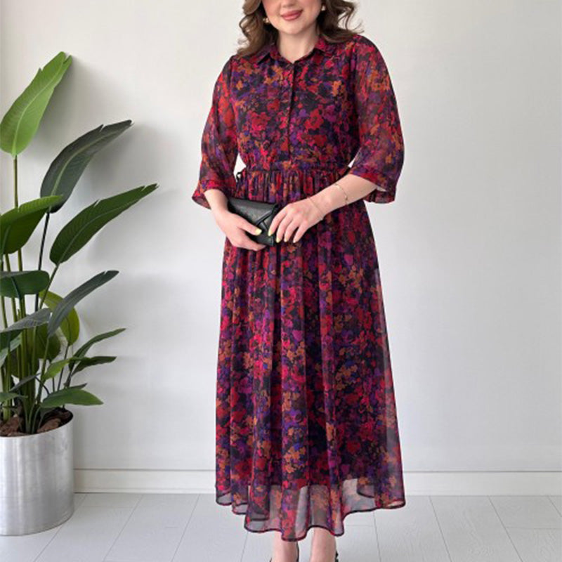 🌺 Női elegáns, mintás, laza maxi ruha