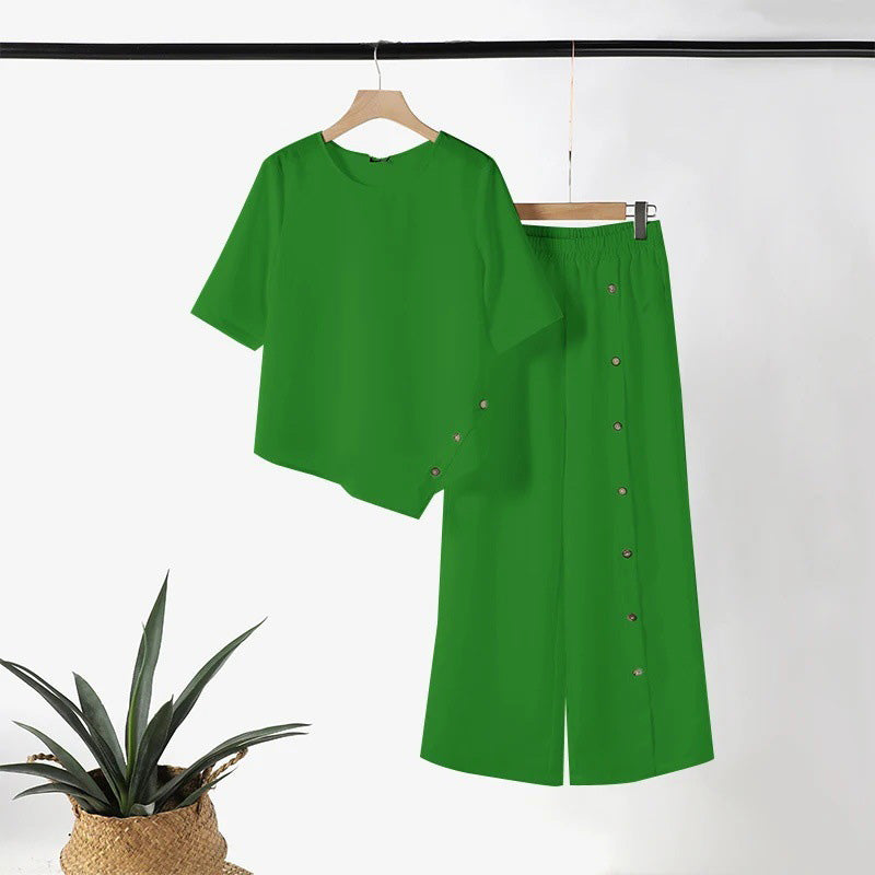 🌿Női kétrészes szett: Szabálytalan aljú felső és bő szárú nadrág☁️