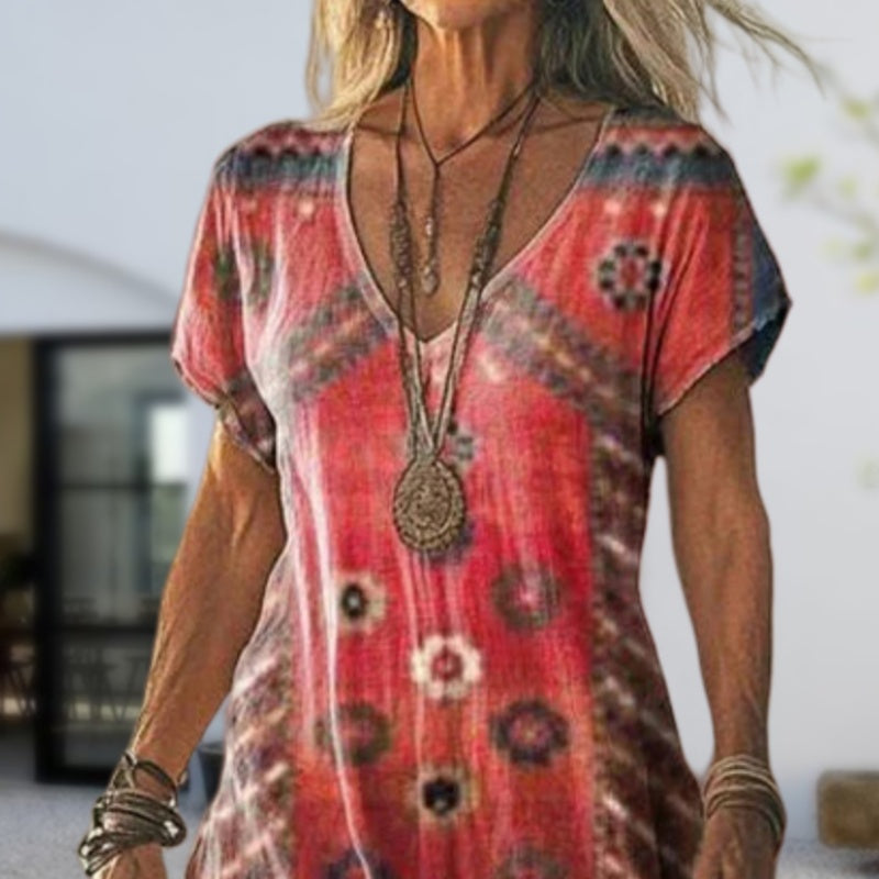 ✨Női rövid ujjú, mintás, V-nyakú ruha