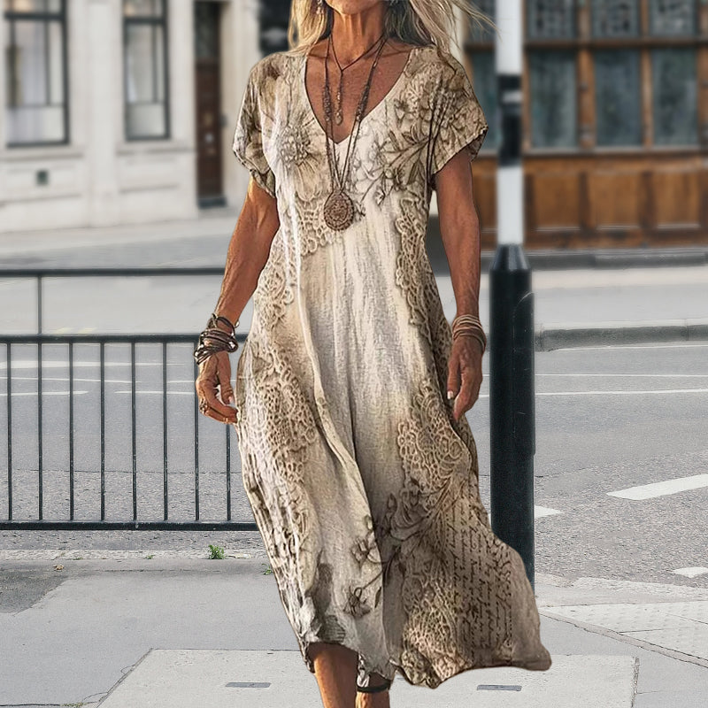 ✨Női rövid ujjú, mintás, V-nyakú ruha