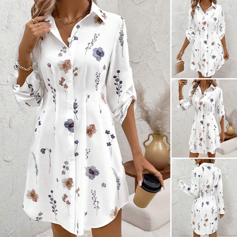 【S-XL】🌸Elegáns virágos nyomtatott hosszú ujjú A vonalú ing ruha