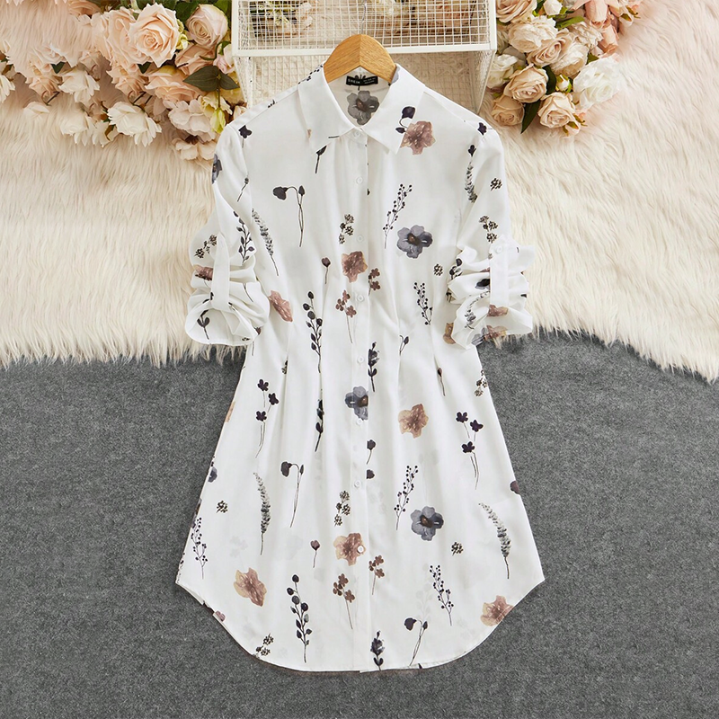 【S-XL】🌸Elegáns virágos nyomtatott hosszú ujjú A vonalú ing ruha