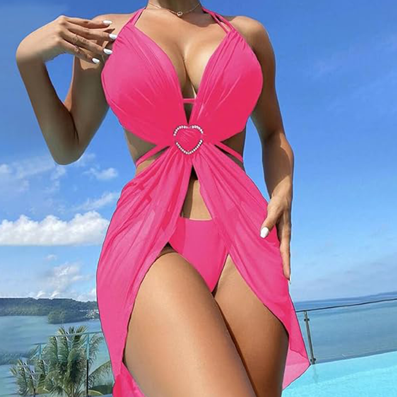 ✨Kereszt és korona nyaklánc👑👙Egyszínű, pántnélküli bikini 3 darabos szett