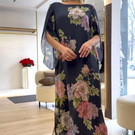 Elegáns hosszú női ruha nyomtatott nyakkivágással