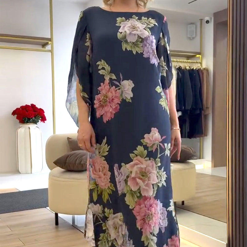 Elegáns hosszú női ruha nyomtatott nyakkivágással