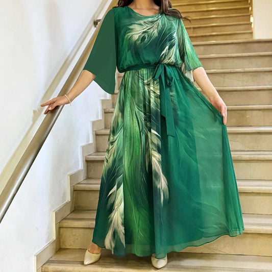 Mintás, kerek nyakú maxi ruha övvel