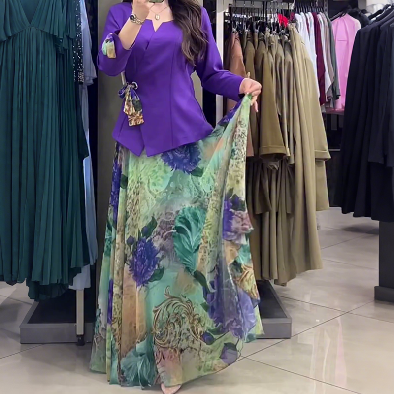 💜Elegáns felső és szoknya virágmotívumokkal, kétrészes szett