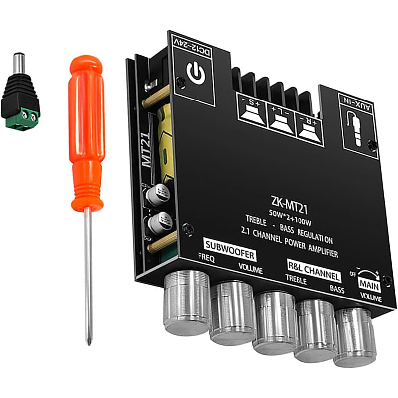 🎵🔊 2.1-csatornás Bluetooth-hangerősítő modul –📶 100 W RMS, mélynyomó-kimenet, Aux/USB ✨