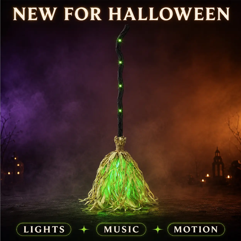Animált halloweeni dekoráció - boszorkányseprű fénnyel és hanggal