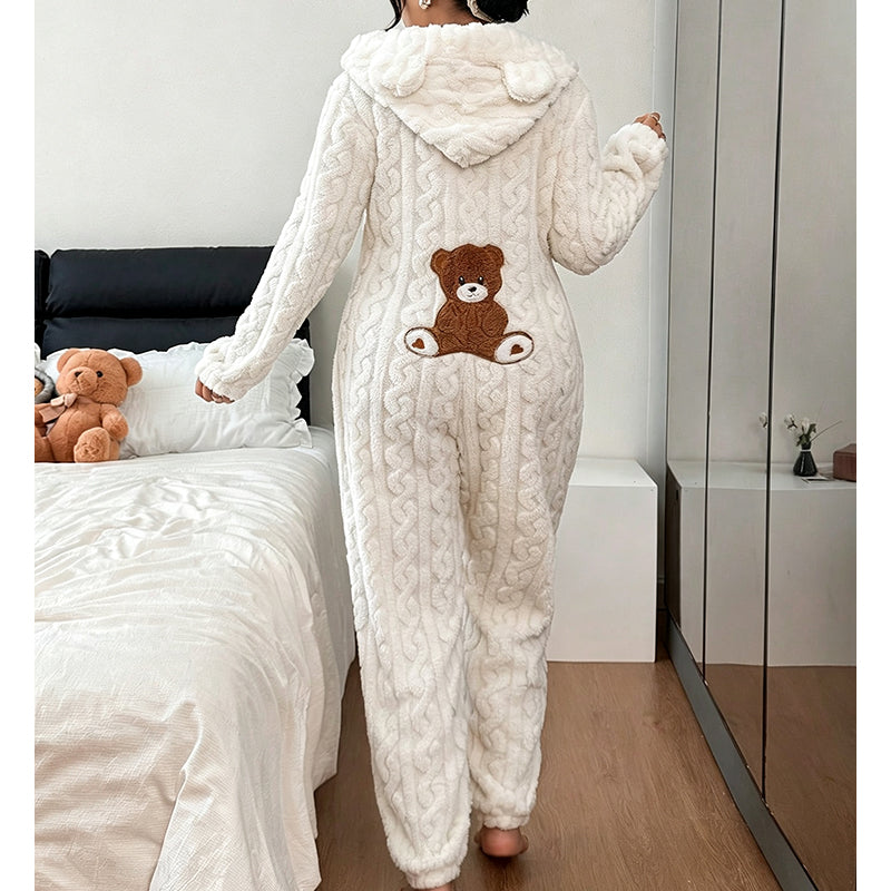 💖💖🐻 Játékos kényelem | Női kapucnis, csavart kötésű otthoni szett medvemintás hímzéssel