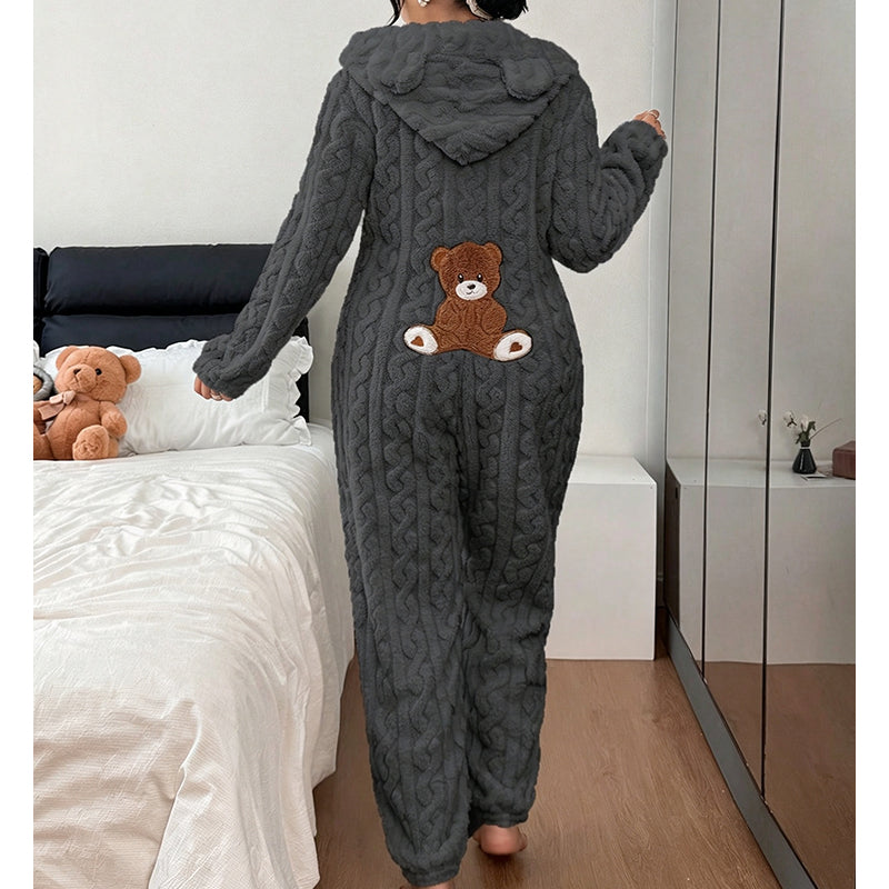💖💖🐻 Játékos kényelem | Női kapucnis, csavart kötésű otthoni szett medvemintás hímzéssel